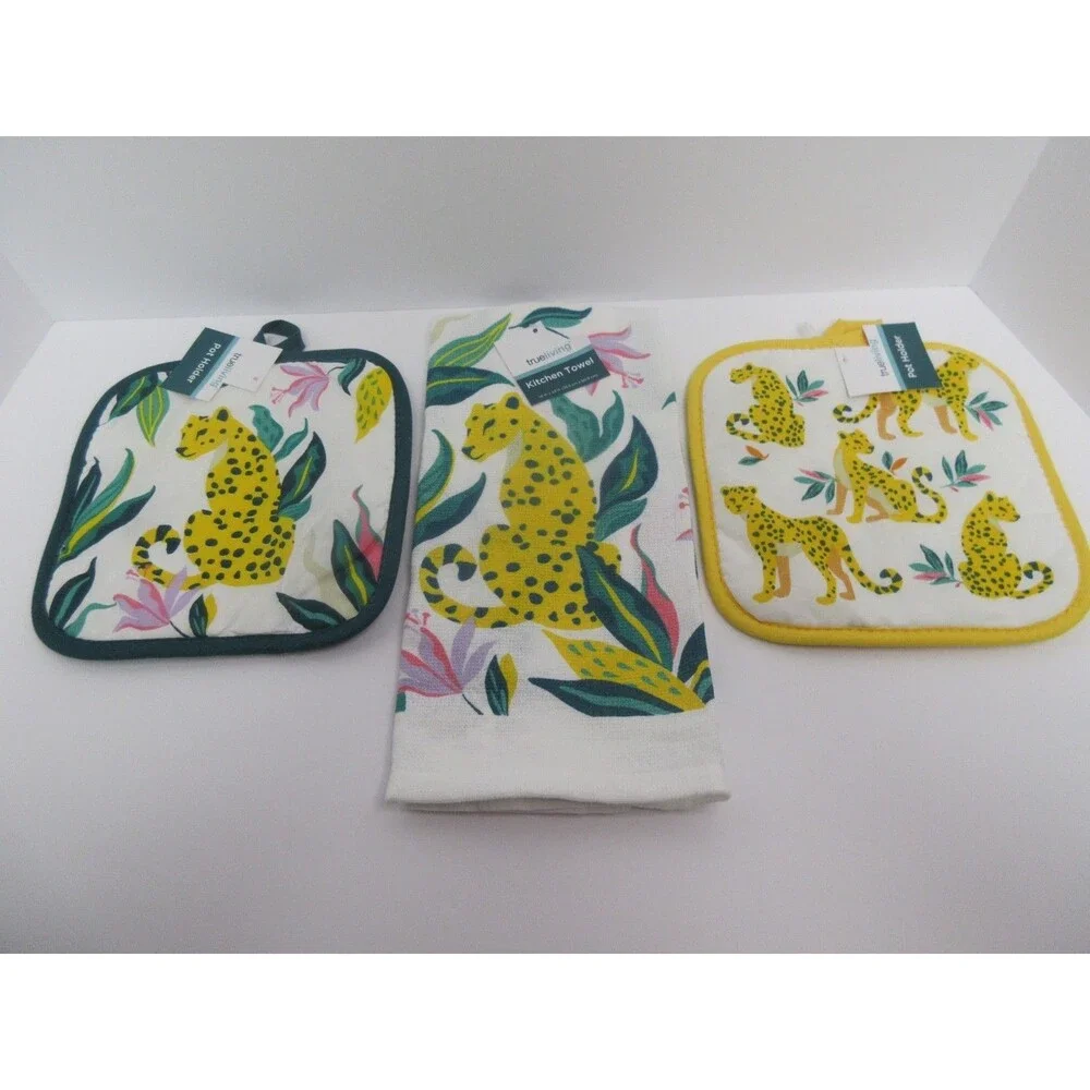 Tropical Kitchen Towels 2Pot Holder 3Pc Set Teal Yellow Jungle Big Cat NWT